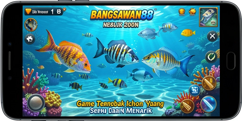 Tampilan gameplay BANGSAWAN88 saat menembak ikan yang berwarna-warni.