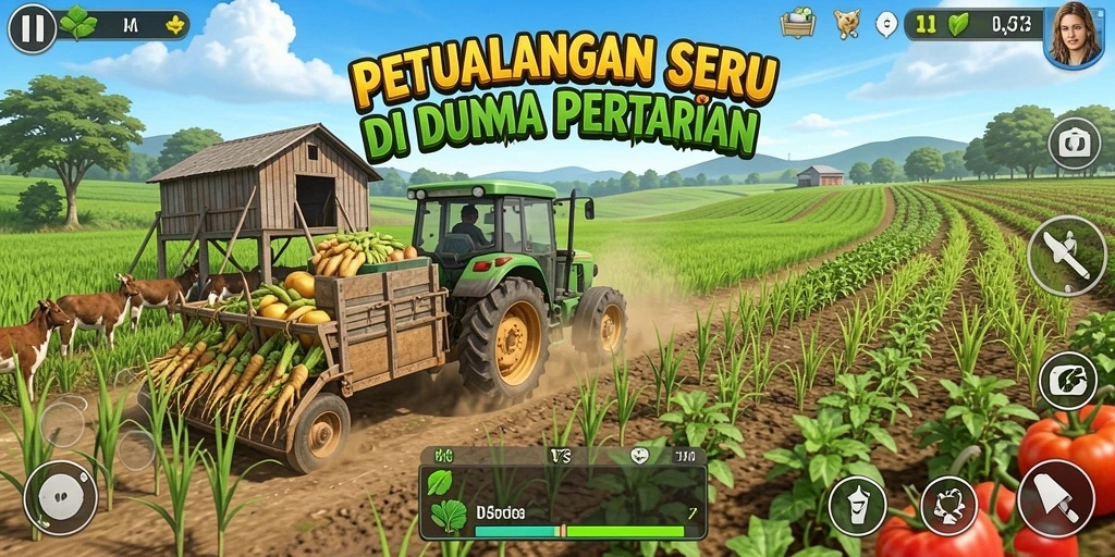 Tangkapan layar D73 menampilkan suasana gameplay pertanian yang seru dan menarik.