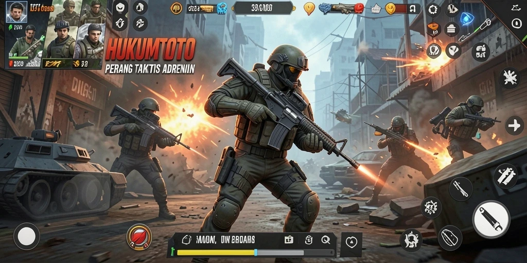 Screenshot HUKUMTOTO menampilkan aksi intens dalam pertempuran FPS.