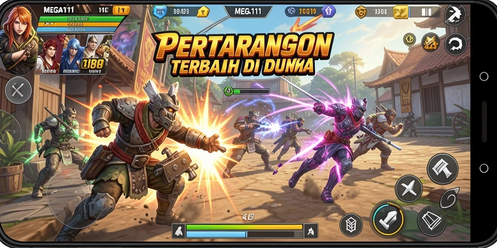 Tampilan aksi pertarungan intens di MEGA111 dengan karakter-karakter menarik.