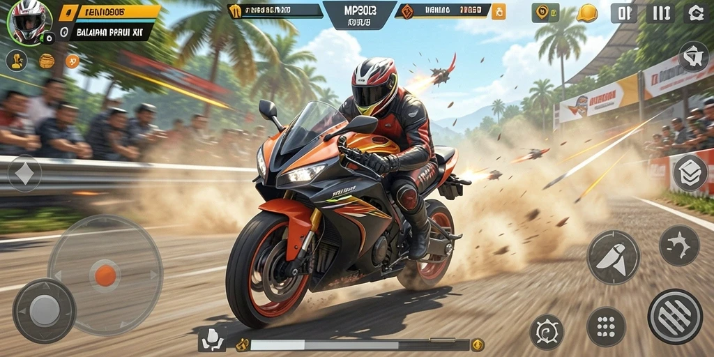 Tampilan gameplay seru dalam balapan motor cepat.