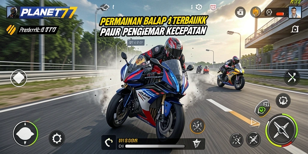 Tangkapan layar menampilkan aksi balap motor yang mendebarkan di PLANET77.