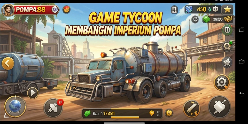 Screenshot menunjukkan gameplay manajemen bisnis pompa yang dinamis.