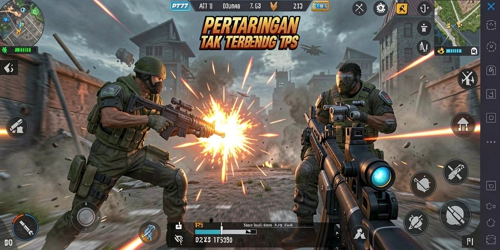 Screenshot PT777 menampilkan aksi intens di medan perang TPS.