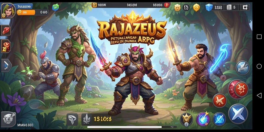 Tampilan gameplay seru dari RAJAZEUS dengan berbagai karakter.